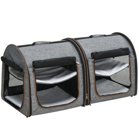Portable Soft-sided Pet Cat Carrier With Divider, Two Compartments, Padded And Storage Bag, Grey (Color: Grey)